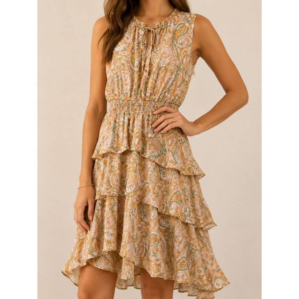 MSK Paisley Tiered Ruffle Dress M Boho Sleeveless Marigold NWT Coastal Cowgirl